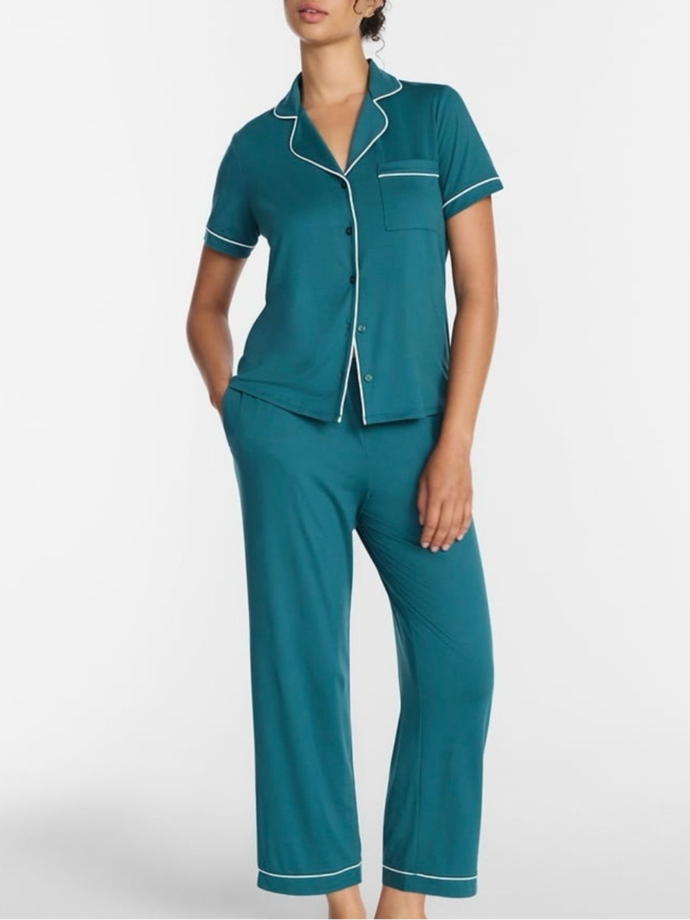 Joyspun Teal Short-Sleeve Pajama Set with White Piping